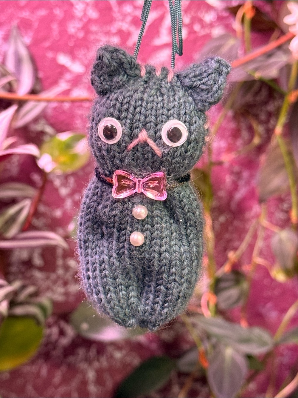 Handmade Tokyo Japan Knit Cat Plush Ornament Kawaii Googly Eyes Pink Bow